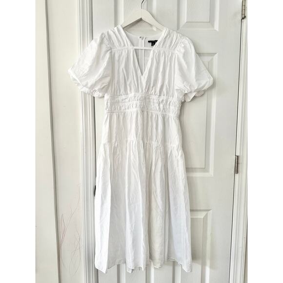 Saks Fifth Avenue White Tiered Gathered Cotton Midi Puff Sleeve Dress Medium - Picture 12 of 13